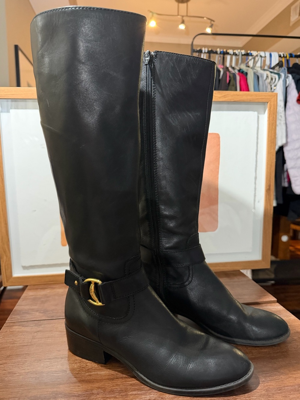 Lauren Ralph Lauren Micah Black Leather Tall Riding Boots Womens 7 B Gold Buckle